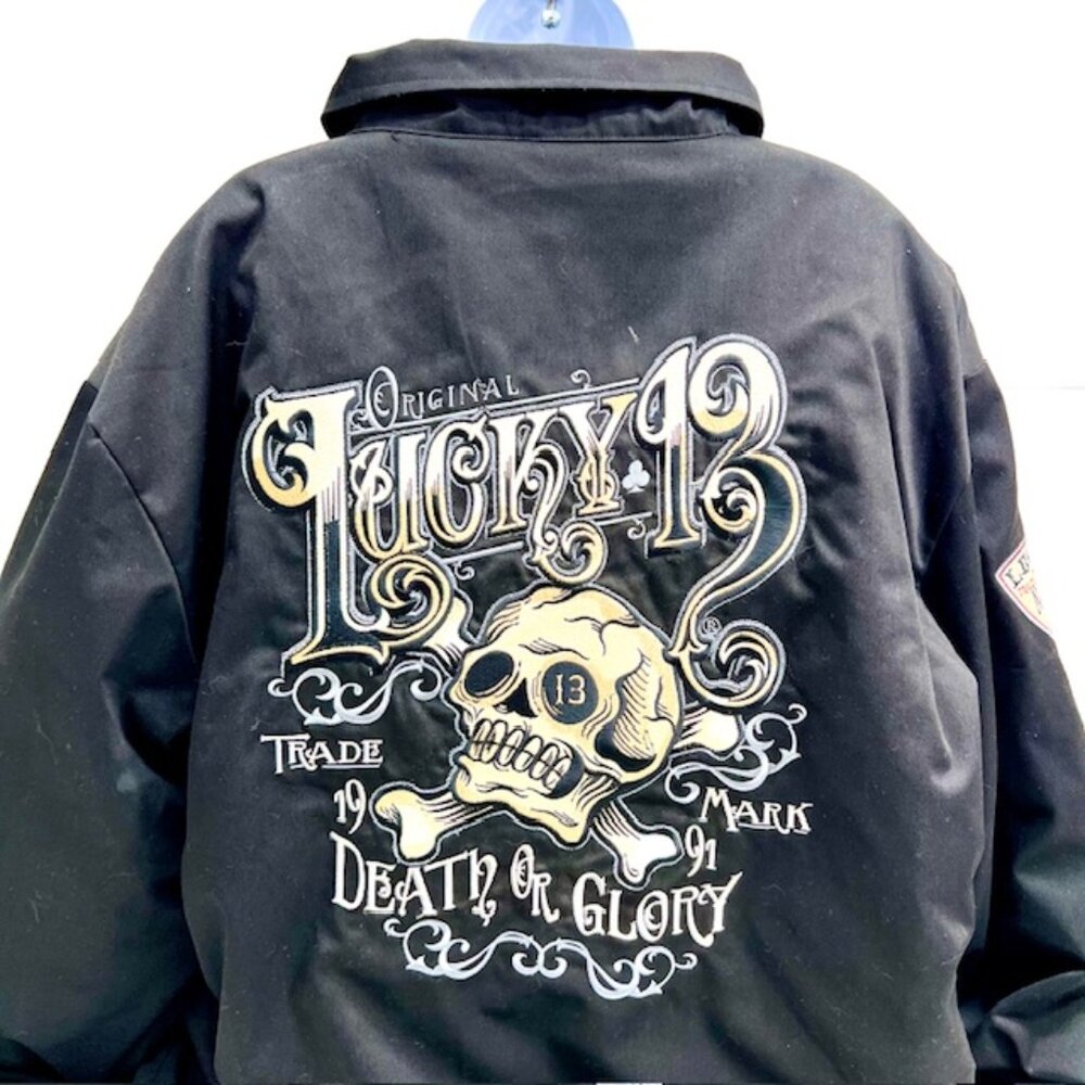 Trucker/Biker Jacket Lucky 13 Black Logo Embroidered Quilted Lined Puffer 4XL(62 - Picture 5 of 14